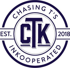 Chasing T's Inkooperated's white and navy circular logo that reads "Chasing T's Inkooperated EST. 2018" and features the acronym "CTK" in the center.